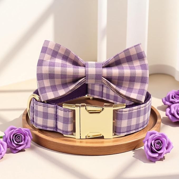 PETDURO Personalized Dog Collar Purple Gingham Plaid for Large Medium Dogs | Engraved Name and Phone Number on Gold Metal Buckle for Girls | Add Leash & Bow Tie via Customize Now