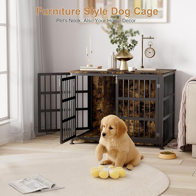 42" Furniture Style Large Dog Crate with Wheels, Metal Chew-Resistant Dog Kennel Indoor for Large & Medium Dogs, 41.9" W x 28.3" D x 31.7" H, Decorate House as TV Stand, End Table — Rustic Brown