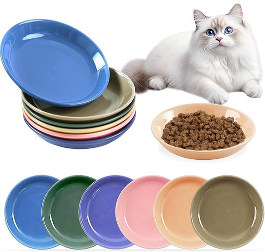 6 Pack Ceramic Cat Bowls, Cat Food Bowl, Anti Whisker Fatigue Cats Bowl Set, 6 Inches Shallow Wide Kitten Plates for Food and Water(Dark Color Set,6-Piece)