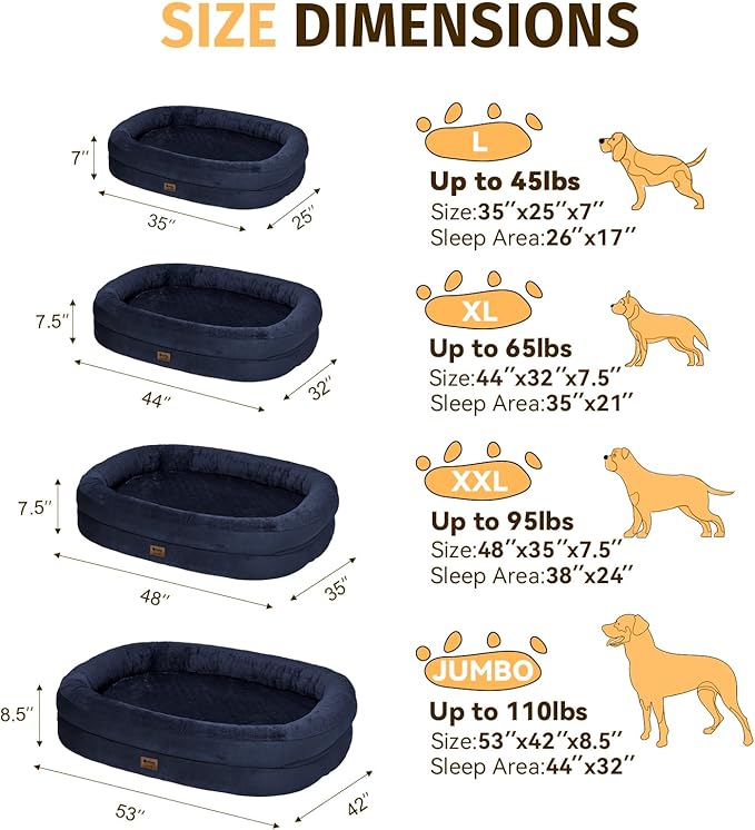 Orthopedic Waterproof Large Dog Bed: Memory Foam Washable Dog Bed with Bolsters - Removable Orthopedic Cover for Medium L XL Large Sized Pet - Non-Slip Bottom - Navy