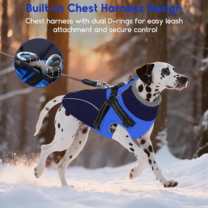 ASENKU Reflective Dog Coat with Built-in Harness, Windproof Fleece-Lined Dog Jacket for Small, Medium, Large Dogs, Warm Winter Vest with Turtleneck & Zipper (Navyblue 3XL)