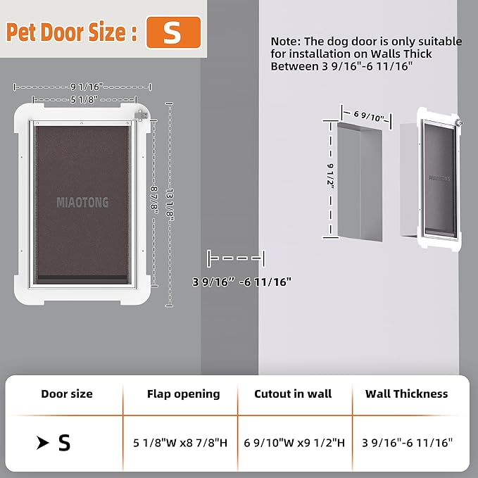 MIAOTONG Cat Door for Wall,Upgraded Sealing Dog Door for Wall, Double Flap Doggy Door,Steel Frame and Telescoping Tunnel Dog Door and Cat Door(Pets Up to 12 Lb) -Small