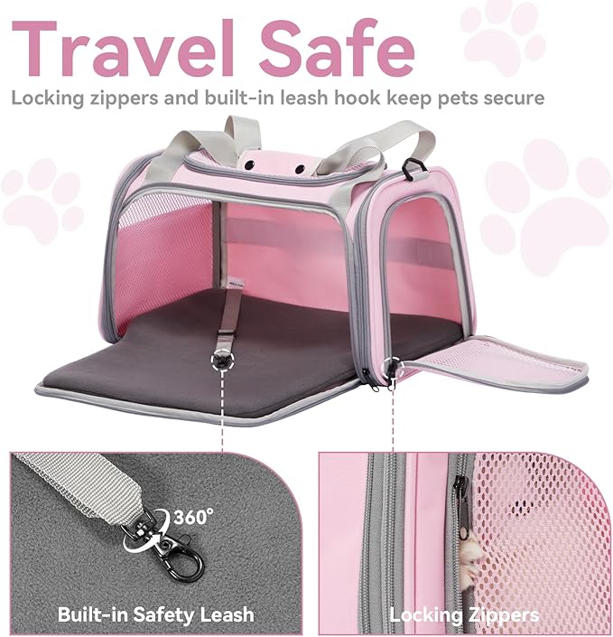 Airline Approved Cat Carrier 17.5×10.5×10.5 in, Escape-Proof Design with Locking Zippers & Safety Leash, Easy-Access 3-Way Entry, Washable Mat, Gift-Ready Holiday Choice for Cats up to 12 lb