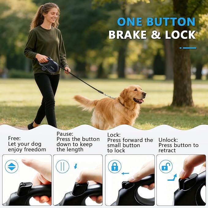 26Ft Retractable Dog Leash for Medium/Large Dogs up to 110lbs, Strong Heavy Duty Retractable Leash with Chew-Proof Cable, 360 Tangle Free, One Hand Brake Lock & Poo Bag Holder (Black)