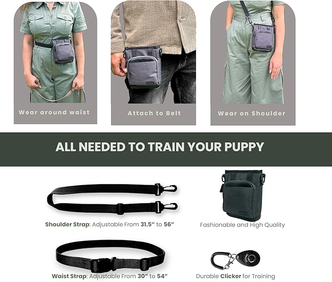 BEAU&FUR Small Dog Treat Pouch with Clicker for Training – 2 Cup Capacity, Built-In Poop Bag Dispenser, Storage for Snacks and Toys - Hands-Free Pouch Snack Holder for Walking and Training -Grey Black