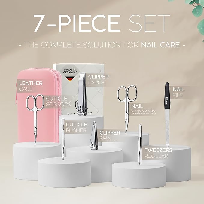 Manicure Set Solingen Made in Germany - 7 Piece Exclusive Finger & Toe Nail Clippers Kit for Women and Men in Real Leather Case, Color Rosa