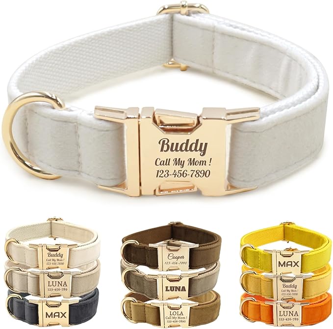 Velvet Personalized Dog Collar with Name - Customizable Dog Collar with Quick Release Metal Buckle - Leash and Bow Tie Available (White, XS)