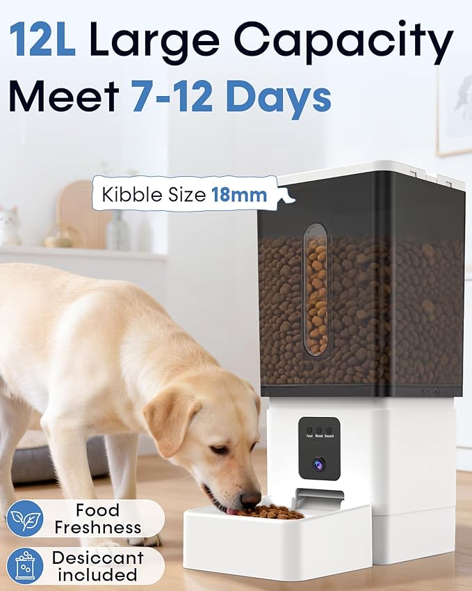 Large Breed Automatic Dog Feeder: 12L/50 Cups 5G WiFi Timed Dog Food Dispenser for Labrador - with HD 1080P Camera, Anti-Clog by Wnfuo