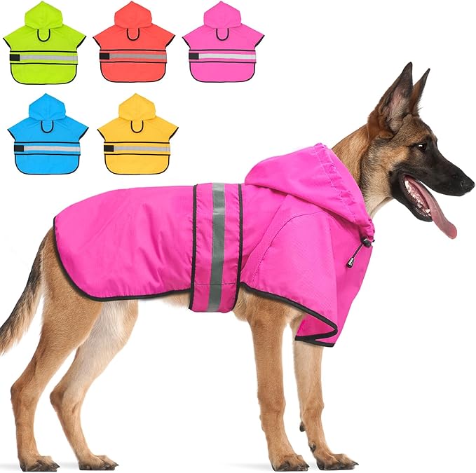 Candofly Reflective Dog Raincoat - Waterproof Dog Rain Jacket with Leash Hole, Hooded Dogs Ponch Slicker for Large Dogs (Pink, X-Large)