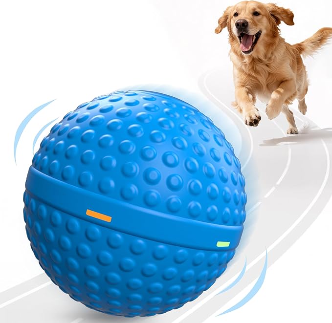 Chew Resistant Smart Interactive Dog Balls, Durable Food-Grade Rubber Material, Automatic Moving, Bouncing, Rotating Toy with Light for Medium, Large Dogs, IPX7 Waterproof (Blue)