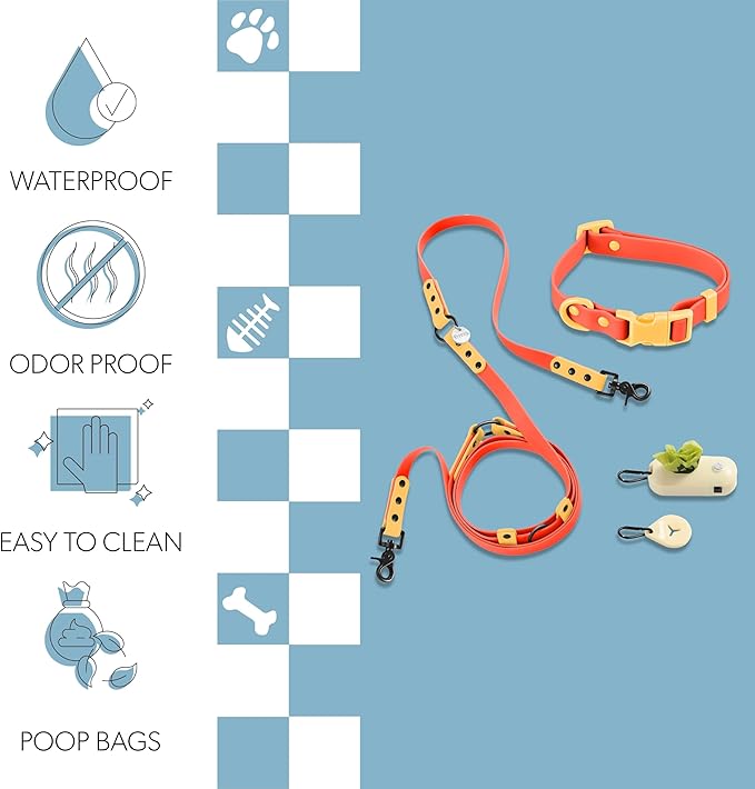 WLK1004A-5SET Luna Small 8FT Adjustable 6-in-1 Waterproof Hands-Free Leash and Collar with LED Flashlight, Bag Dispenser, and Poop Bag Holder, Aperol