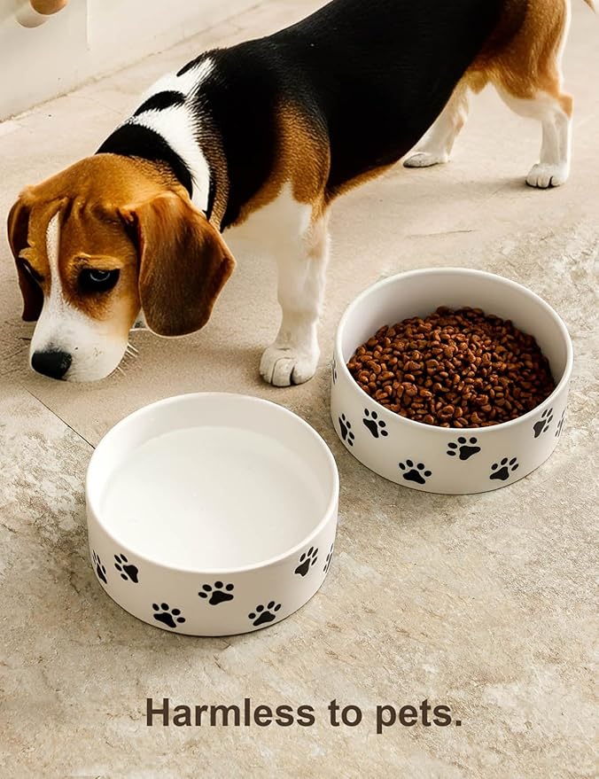 6.5 Inch White Ceramic Dog Bowl with Paw Print Pattern - Porcelain Wide Mouth Dog Food or Water Bowls, Large Feeding Pet Bowls for Indoor Medium Sized Dogs, for Wet or Dry Food