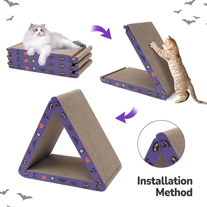 CATISM Cat Scratcher Foldable,Triangle Cat Scratching Board,6 Usable Sides Cat Scratchers for Indoor Cats,Durable Recyclable Cat Scratcher Cardboard Vertical, Orange (Pack of 3) (Purple)