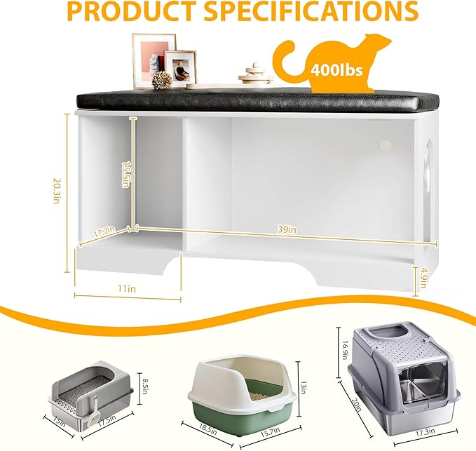 Modern Cat Litter Box Enclosure, 39" Hidden Litter Box Furniture with Removable Padded Seat Cushion, Flip-Top Design, Cat Washroom Bench with Storage Cabinet, Fit Most of Litter Box,White