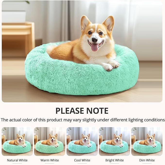 JOLLYVOGUE Calming Dog Bed for Small Dogs - 23 inches Donut Washable Small Dog Bed for Kittens & Puppies, Anti-Slip Round Fluffy Plush Faux Fur Cat Beds (Fits up to 25 lbs Pets, Mint Green)