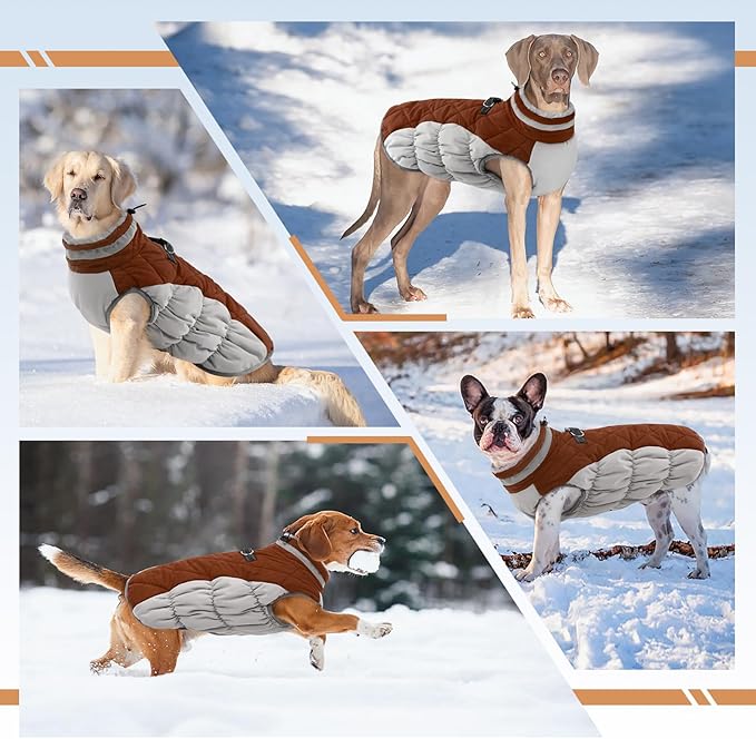 Winter Dog Coat,Large Dog Jacket,Waterproof Pet Jacket with Back Zipper,Pet Coat with Harness Built in,Warm Dogs Coat with Fleece Lined,Snow Jacket Clothes French Bulldog Shiba Inu,Brown,L