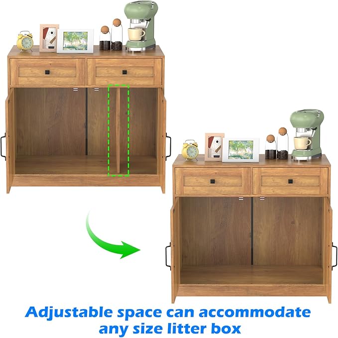 Cat Litter Box Enclosure Furniture Ultra-Large Wooden Hidden Litter Box,2-Door Storage Cabinet, 2 Drawers, 1 Air Vents,Litter Box Furniture Fit Most of Litter Box.
