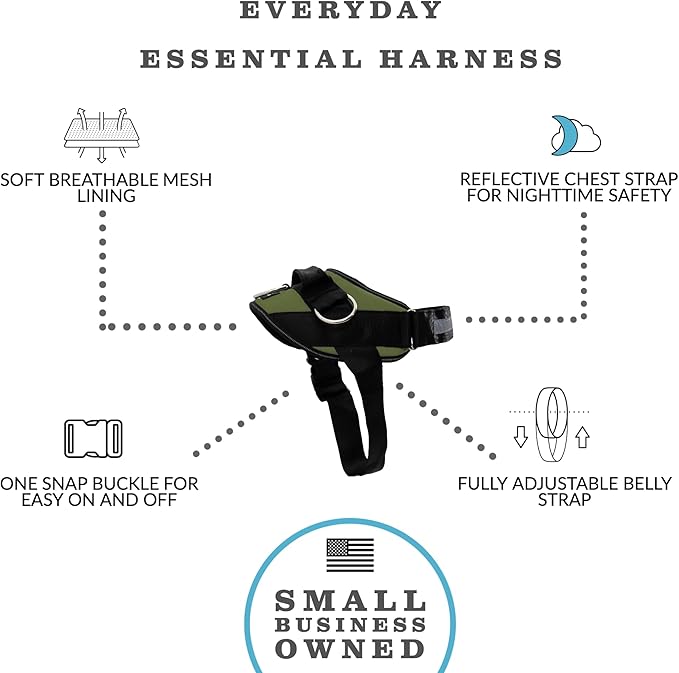 ShawnCo Essential Dog Harness, No-Pull Pet Vest with 3 Leash Clips, No Choke, Reflective, Adjustable and Padded, for Easy Walking and Training for Small, Medium and Large Dogs (Olive Green, S)
