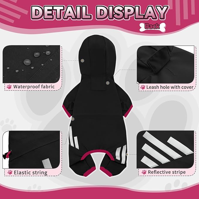 Dog Raincoat, Waterproof Dog Rain Jacket with Hood, Rain Coat with Leash Hole, Reflective Strap for Small Medium Dogs, Lightweight Puppy Clothes(Black,XS)