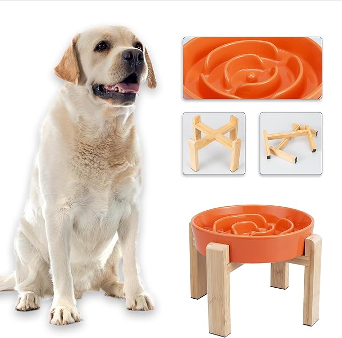 Elevated Slow Feeder Dog Bowl - Puzzle Maze Dish with Bamboo Stand - Raised Ceramic Food Bowl for Medium and Large Dogs - 8.8 Inch - Orange
