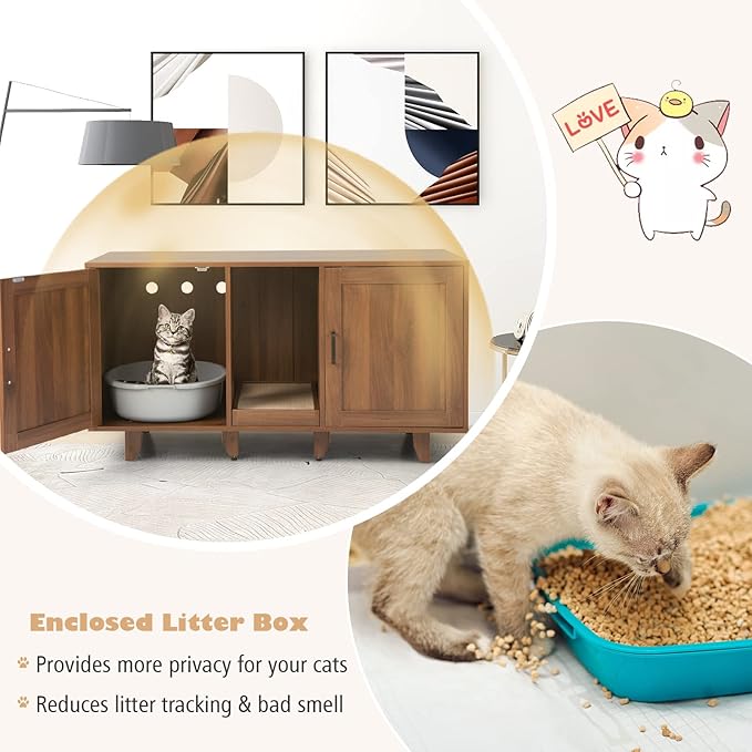 Tangkula Double Cat Litter Box Enclosure for 2 Cats, Large Stackable Hidden Privacy Cat Washroom Cabinet with Scratching Board, Indoor Cat House TV Stand Side Table, Litter Box Furniture (Brown)