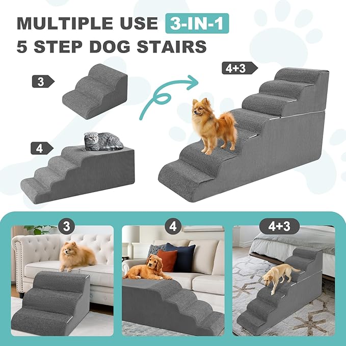 7-Step Dog Stairs for High Bed - 29.5" Adjustable Dog Ramps for Couch, Non-Slip Sturdy Pet Steps for Small Dogs, Washable Cover, Removable Modular Design, Dual 11.8” & 17.7” Steps for Custom Height