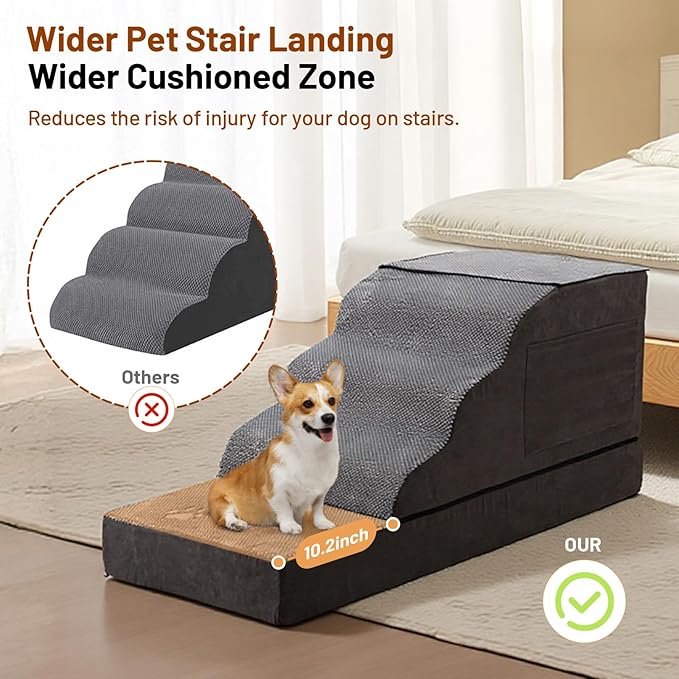 6-Step Dog Stairs – Non-Slip Pet Ramp for Bed, Couch & Car, Wide Steps for Puppies & Senior Dogs, Sturdy Grey 43.3"x19.7"
