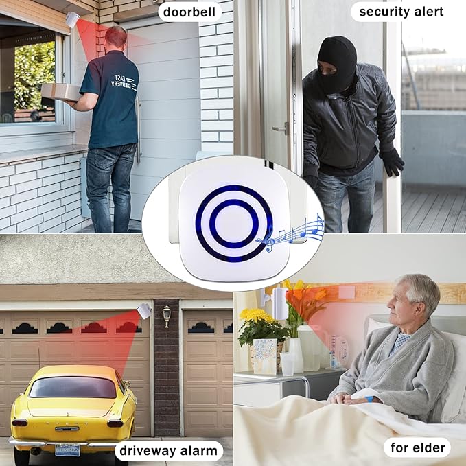 Motion Sensor Alarm, Long Range Wireless Driveway Alarm, Indoor Home Security System Electric Doorbells, 2 Motion Detector and 1 Alarm, 38 Chime Tunes, LED Indicator