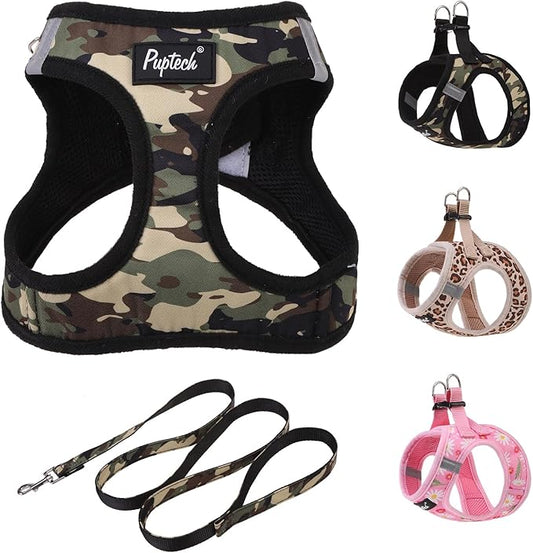 PUPTECK Dog Harness and Leash Set for Small Medium Dogs No Pull Step-in Soft Mesh Puppy Cat Vest Harnesses Reflective at Night, Camouflage, S