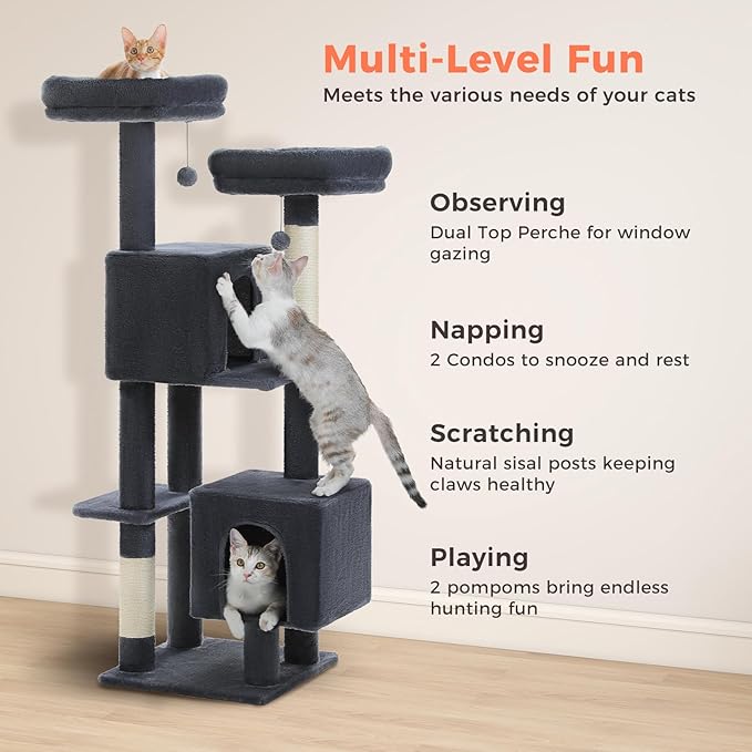 Cat Tree, 52.4 Inch Multi-Level Cat Tower for Indoor Cats with Dual Padded Top Perches, 2 Condos & Scratching Posts, Plush Cat Furniture for Kittens and Medium Cats, Dark Grey