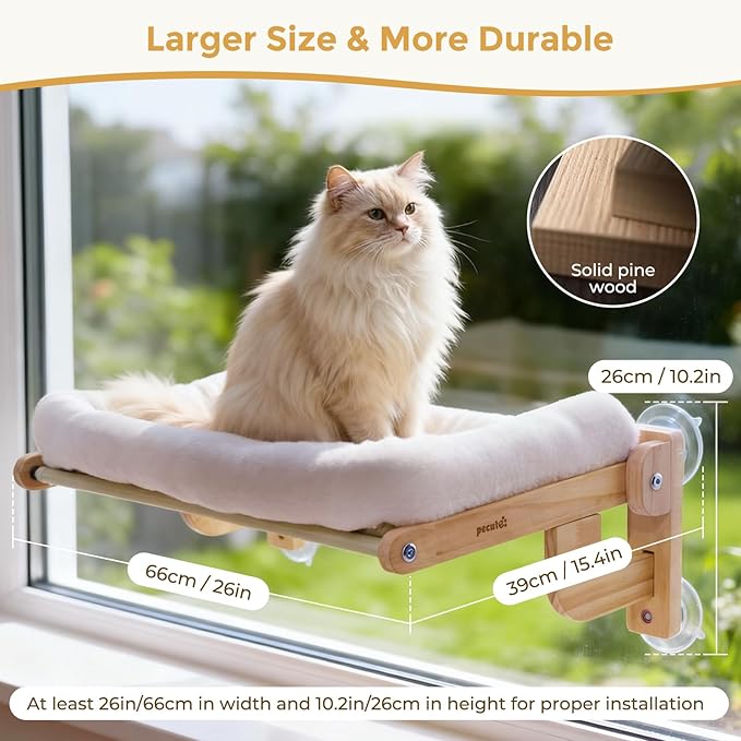 Pecute Foldable Cat Window Perch, Cloud-Soft Cat Bed with Solid Wood Frame, Strong Suction Cup, Washable Cushion, Stable Large Cats Hammock with Sided Bolster, Cats Perch Indoor for Sunbathing, White