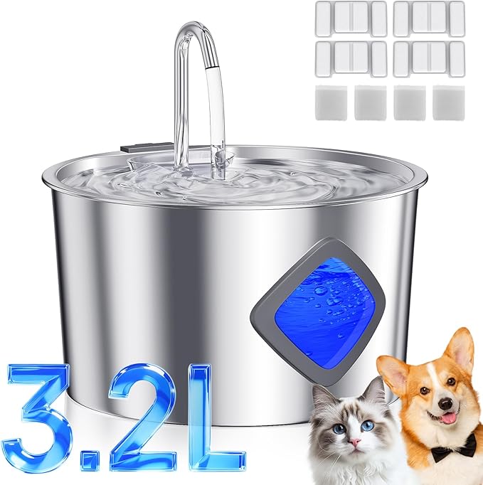 Cat Water Fountain Stainless Steel: 108oz/3.2L Automatic Pet Water Fountain for Cats Indoor- Quiet Cat Water Bowl Dispenser- Drinking Fountain for Small Dogs & Kitties-4 Filters + 4 Sponges