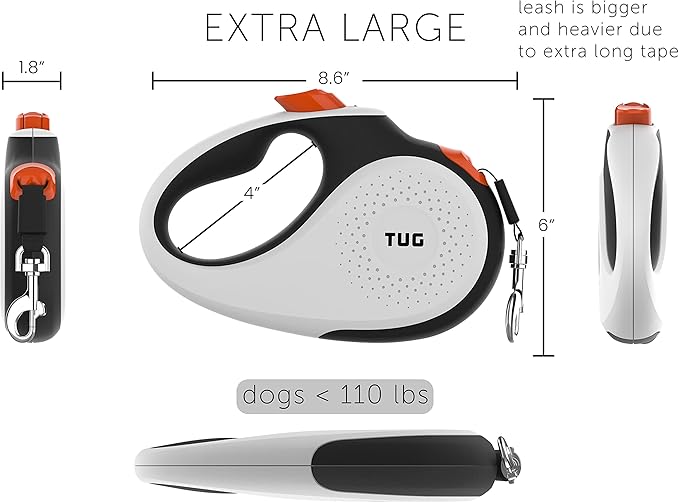 TUG XL 360° Tangle-Free Retractable Dog Leash with Anti-Slip Handle | 26 ft Strong Nylon Tape | One-Handed Brake, Pause, Lock (Extra Large, White/Orange)