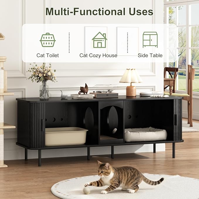 Double Cat Litter Box Enclosure Furniture, 59" Large Hidden Litter Box Furniture with Scratching Pad, Wood Pet House for 2 Cats, Indoor Modern Cabinet TV Stand for Living Room, Black