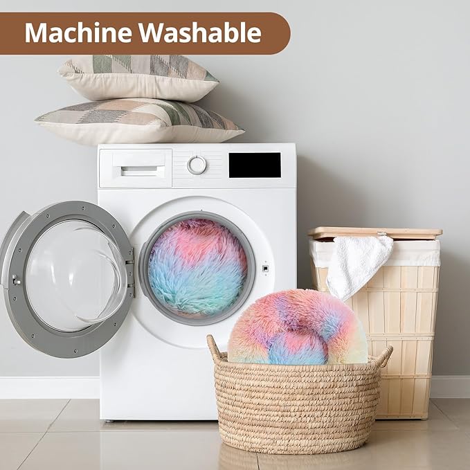 JOLLYVOGUE Calming Small Dog & Cat Bed for Indoor Cats - 20 inches Washable Donut Bed for Kittens & Puppies, Anti-Anxiety Round Fluffy Plush Pet Beds (Fits up to 15 lbs, Rainbow)