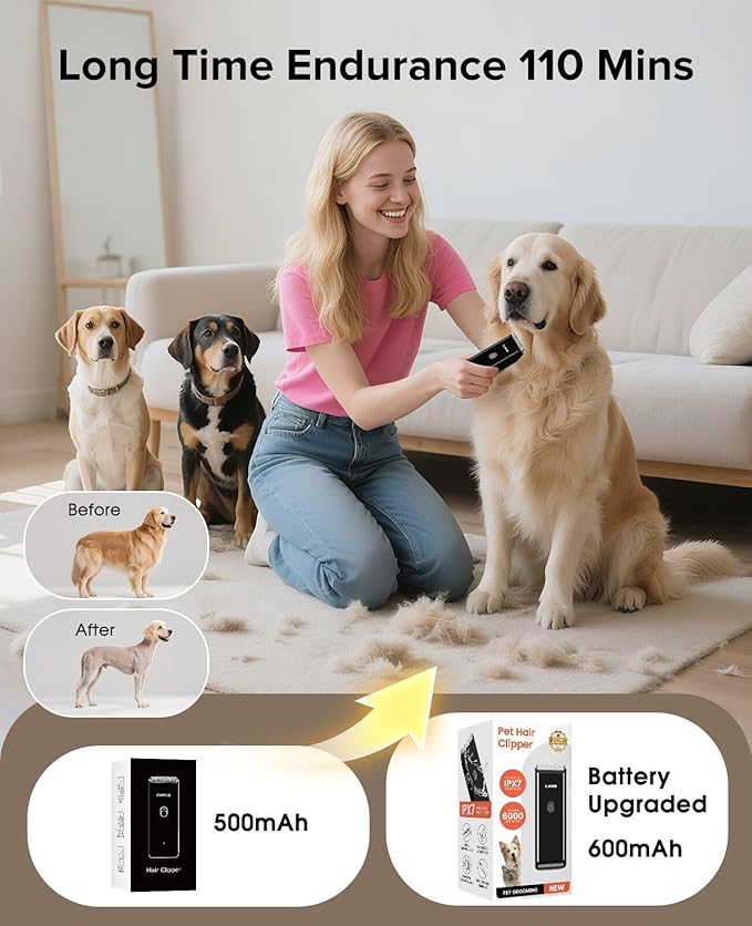 Dog Clipper for Matted & Long Hair,Quiet Pet Paw Hair Trimming Groomer,Handy Cordless Rechargeable Waterproof Shaver Kits for Cats,Small Dogs & Animals Black