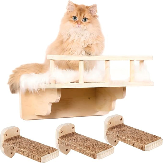 Cat Wall Shelf with 3 Cat Wall Steps,Cat Wall Shelves with Plush Coverd,Cat Climbing Shelf for Indoor Cat,Cat Wall Furniture Cat Shelf for Wall (Wood)