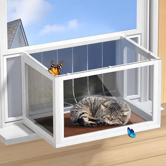 Cat Window Box Catio, Outdoor Indoor Cat Enclosure with Clear Panels, Mesh Sides & PVC Curtain, Universal Window Perch for Windows 25"–43", Window Catio for Sunbathing, Napping & Overlooking,Walnut