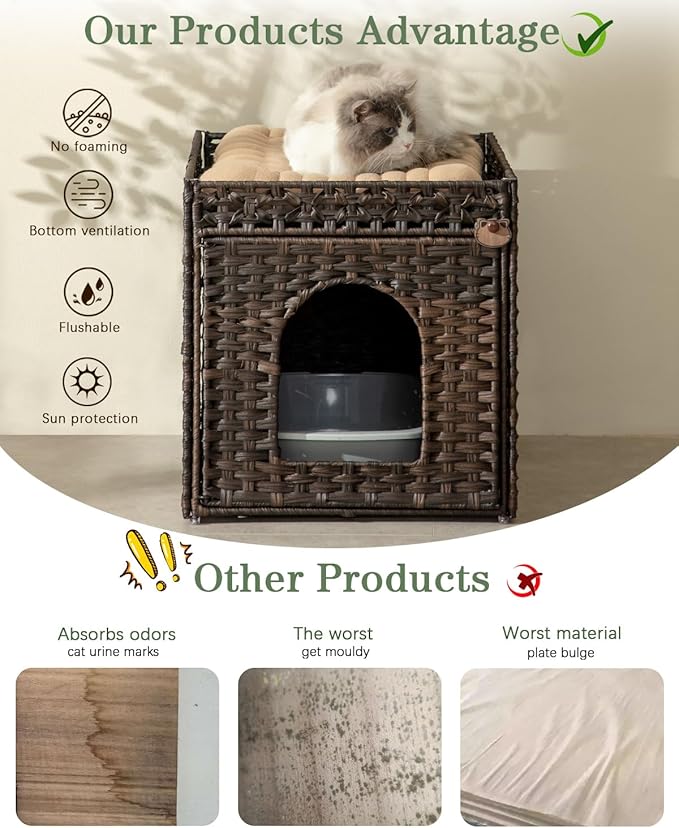 Cat Litter Box Enclosure Furniture, Hidden Litter Box with Mat and Fence, Handwoven Rattan Cat House with Two S-Shaped Hooks for Living Room, Bedroom, 18.5 x 20.5 x 19.1 Inches (Brown)