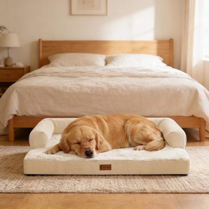 Orthopedic Dog Beds for Extra Large Dogs, Waterproof Egg Crate Foam XL Dog Bed with Sides 41x27Inch, Washable Big Dogs Couch Beds with Removable Cover and Nonskid Bottom, Beige