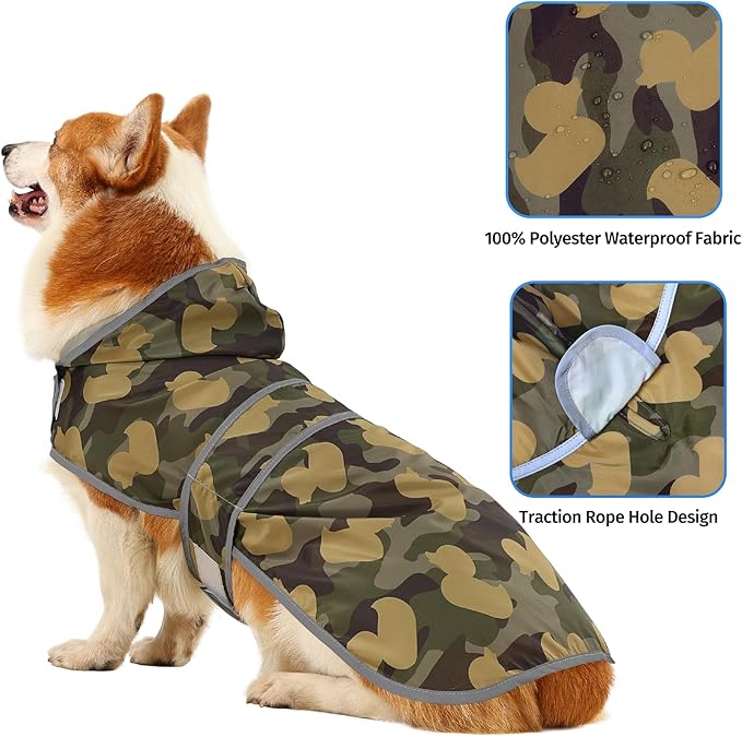 Dog Raincoats for Large Dogs Waterproof Hooded Rain Jacket with Reflective Strips Leash Hole & Poncho Adjustable Fit (CamoDuck,L)