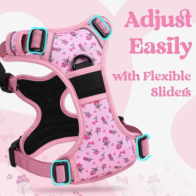 rabbitgoo Dog Harness for Large, No Pull Pet Harness with 3 Buckles, Adjustable Soft Padded Vest with Control Handle, Walking Reflective Pet Vest for Extra Large Dogs, Floral Pink, XL