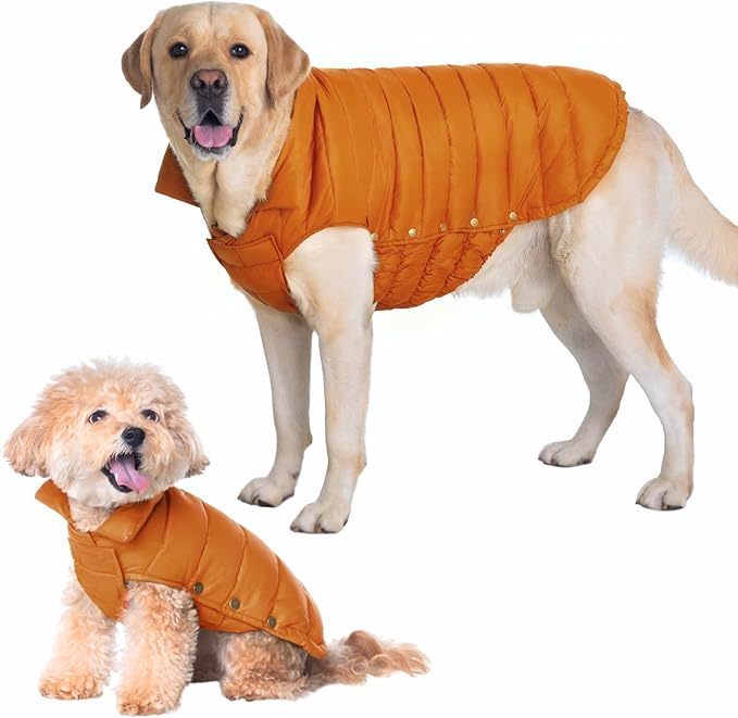 SPACE LION Dog Puffer Jacket, Down Winter Coat, Durable Outdoor Coat for Cold and Windy Conditions, Lightweight & Adjustable Fit Coats for Large Dogs, (Orange, Size28/4XL)