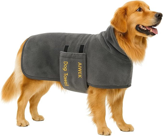 Dog Towel Dog Bathrobe, Microfiber Super Absorbent Pet, Quick Drying Robe for After Bath, Adjustable Collar & Belly Strap Pet Cat Bath Robe Towel Grey-M