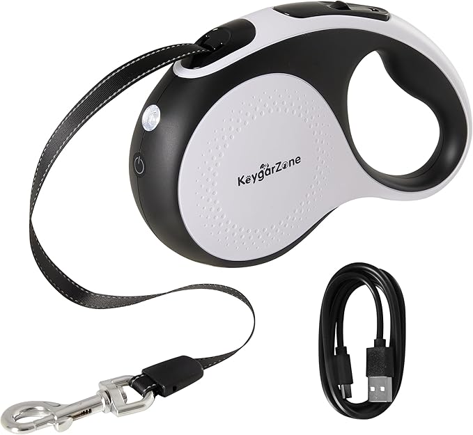 Retractable Dog Leash for Large Dogs with LED Light, 16.4ft Long Pet Leash up to 110lb Pull, 360° Tangle-Free One-Button Control for Small & Large Dogs & Cats, with Charging Cable, White