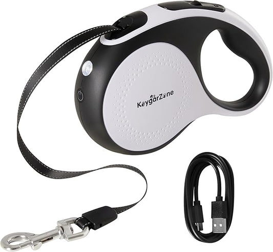 Retractable Dog Leash for Large Dogs with LED Light, 16.4ft Long Pet Leash up to 110lb Pull, 360° Tangle-Free One-Button Control for Small & Large Dogs & Cats, with Charging Cable, White