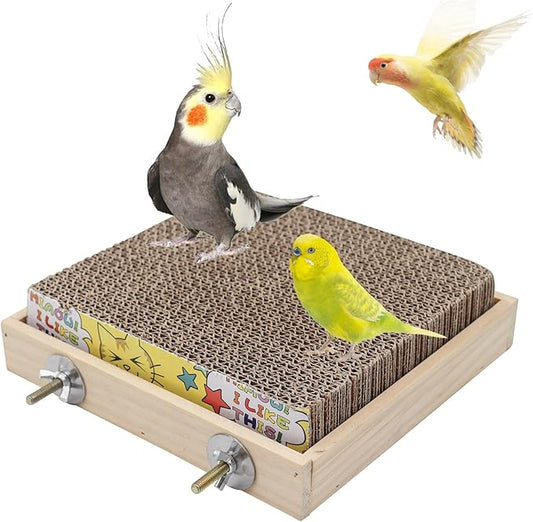 Bird Perch Stand Platform with Cardboard Toys, Parrot Chewing Toys, Parakeets Foraging Toys, Bird Paw Grinding Perch, Cage Accessry for Small Birds Parakeets Conure Cockatiels Lovebird