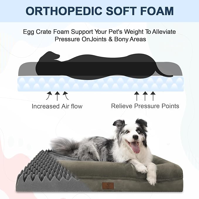 XL Dog Bed for Large Dogs, Orthopedic Dog Bed Egg Crate Foam with Removable Washable Cover, Waterproof Non-Slip Big Pet Sofa with 4-Sides Removable Bolster, Forest Green