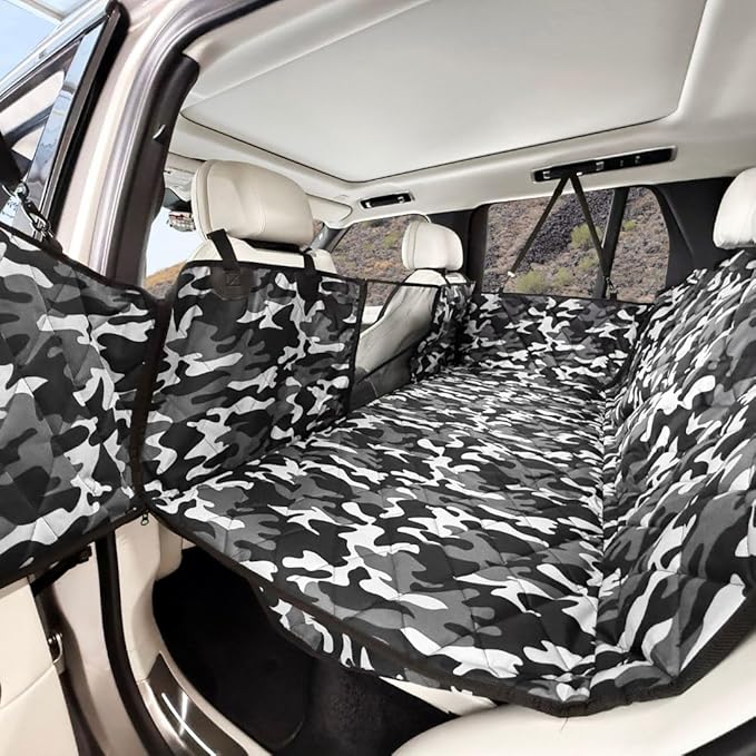 4Knines Hard Bottom Back Seat Extender for Dogs – Waterproof Dog Car Seat Cover – Heavy Duty Backseat Protector for Cars, SUVs, Trucks – Built-in EZ Open Door Protector (Camo, Regular)