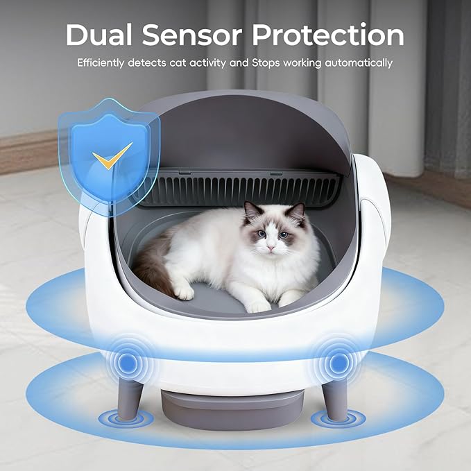 Open-Top Self Cleaning Litter Box, Automatic Cat Litter Box for Multiple Cats, APP Control, Safety Protection, Includes Trash Bags, White/Grey